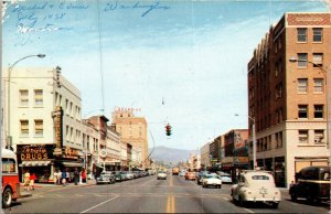 Street View Wenatchee Washington Postcard Thrifty Drugs, Cascadian Cars 1958