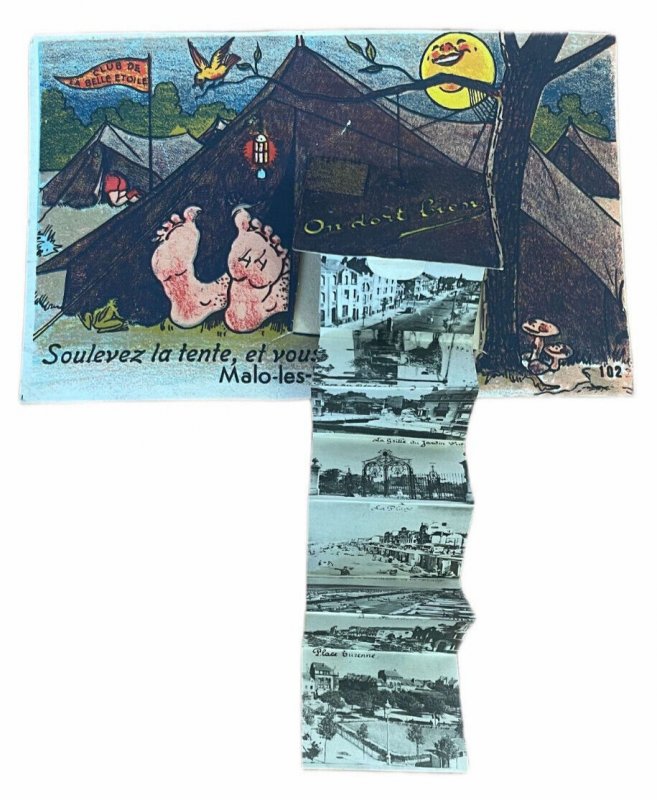 Comic camping tent France Malo les Bains leporello fold out multi views postcard