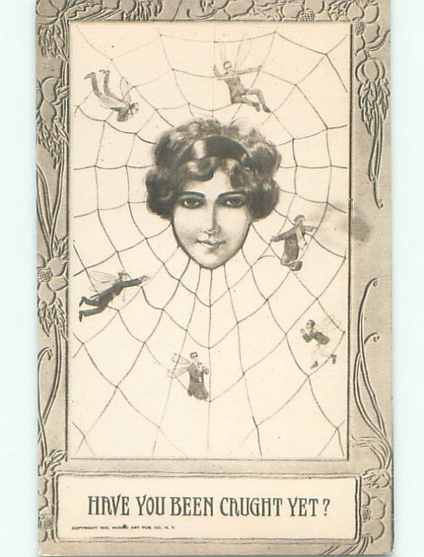 c1910 SUFFRAGE INTEREST - STRONG WOMAN CATCHES MEN IN SPIDERWEB W7398-49