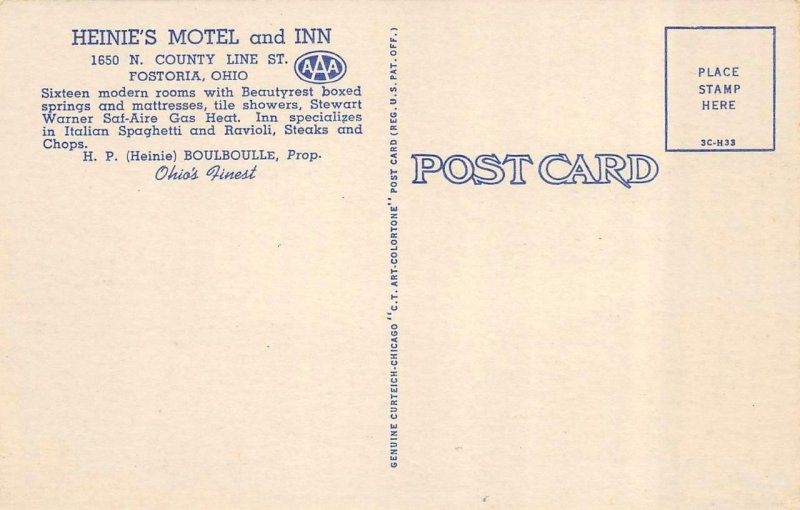 FOSTORIA, OH Ohio  HEINIE'S MOTEL~HP Boulboulle ROOM-TWIN BEDS Roadside Postcard