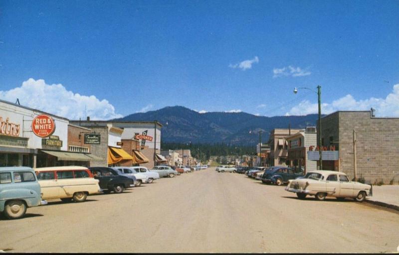 Main Street Libby Montana MT Red & White Food Zenolite Insulation Postcard E12