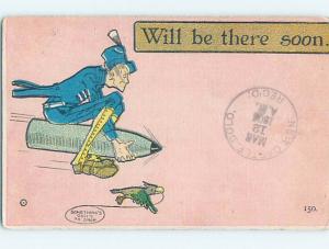 Pre-Linen comic BE THERE SOON - BIRD FLIES WITH MAN RIDING MISSILE HQ8568