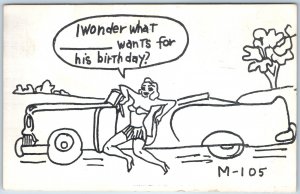 c1953 Slater, MO Risque Cartoon Convertible Car Pin-Up Comic Humor Birthday A378