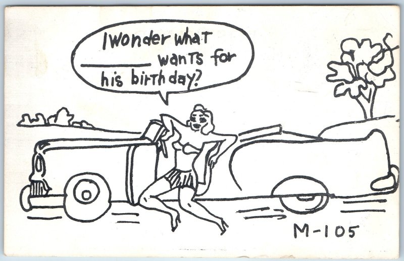 c1953 Slater, MO Risque Cartoon Convertible Car Pin-Up Comic Humor Birthday A378