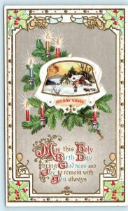 MERRY XMAS Christmas Embossed MAY THE HOLY BIRTH DAY Message 1911   Postcard