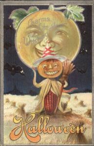 Halloween JOL Scarecrow Man in The Moon c1910 Postcard EXC COND