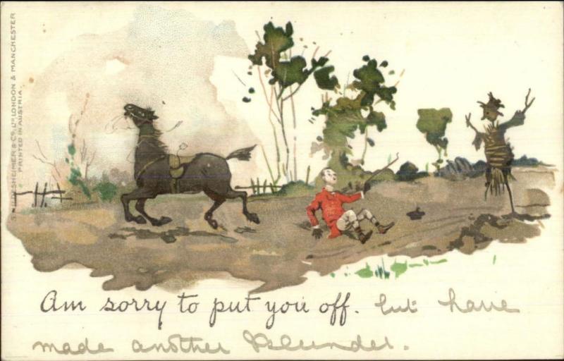 PINKIS Comic - Man Thrown From Horse Startled by Scarecrow c1905 Postcard