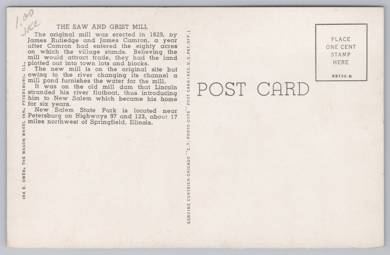 National & State Parks~Saw & Grist Mill New Salem Park B&W~Vintage Postcard