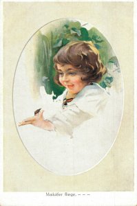 Girl Portrait Maikäfer Fliege Butterfly Vintage Postcard 08.14