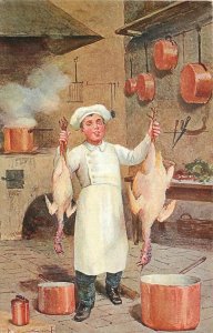 Undiv. Back German Art Postcard; Chef Holds Plucked Turkeys, Copper Cooking Pots