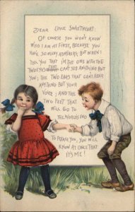 Valentine Little Boy with Note to Cute Little Girl c1910 Vintage Postcard