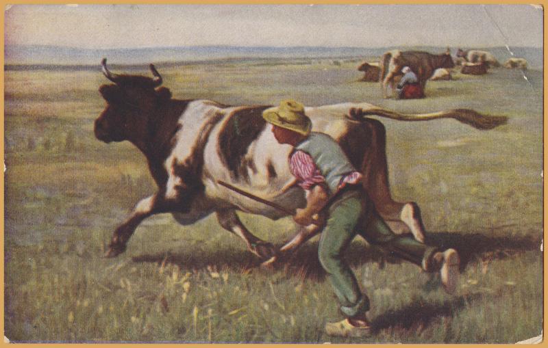 Boy chasing cow, Lady milking cow in back The Escaped Cow by Julien Dupre