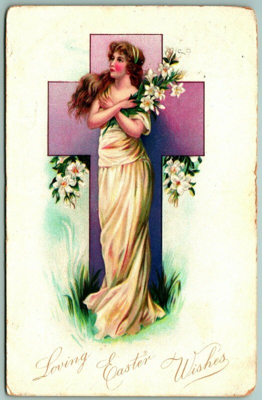 Raphael Tuck Loving Easter Wishes Woman in Yellow Cross 1908 DB Postcard F6