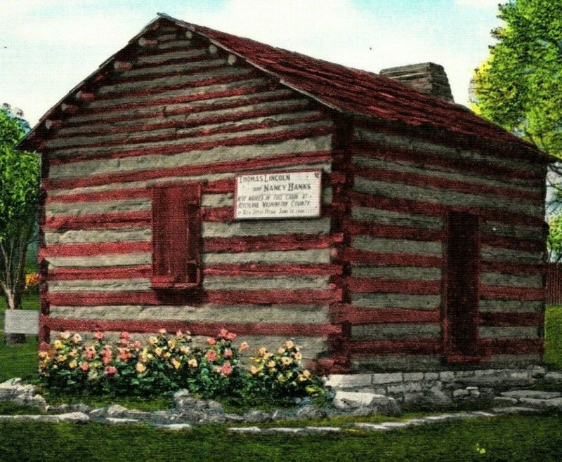 Cabin In Which Parents of Abraham Lincoln Married Old Kentucky Linen Postcard 