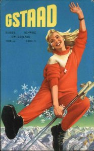 Skiing Poster Art Pretty Woman GSTAAD Switzerland GREAT IMAGE 1960s Postcard