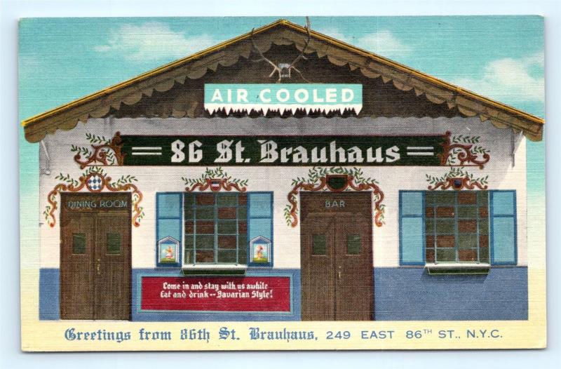 Postcard New York City 86th Street Brauhaus German Restaurant Vintage Linen I7