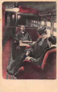 People Riding in Train Car Artist Signed Vintage Postcard AA53416