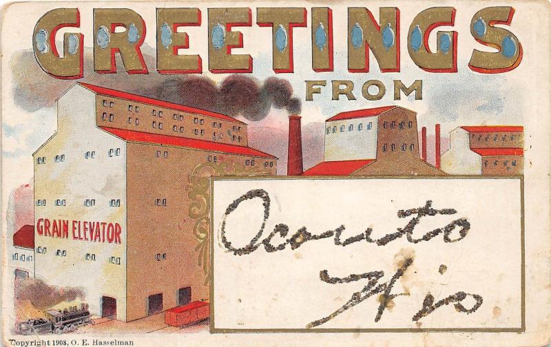 B86/ Oconto Wisconsin Wi Postcard c1910 Greetings from Oconto Grain Elevator