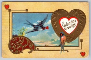 Valentine Greeting, Birds, Heart, Antique 1909 Embossed Postcard