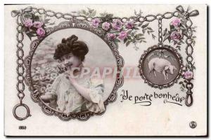 Old Postcard Cochon Pig Woman Lucky charm