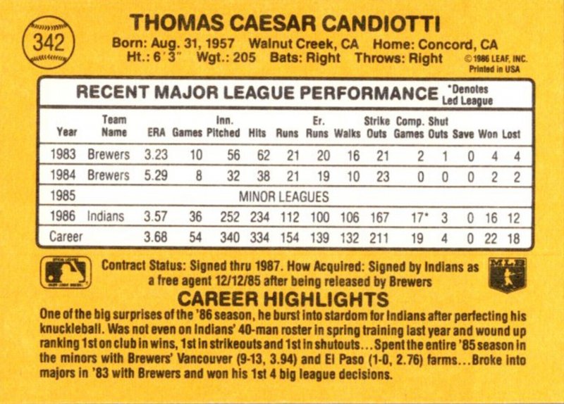 1987 DONRUSS Baseball Card Tom Candiotti P Cleveland Indians sun0566