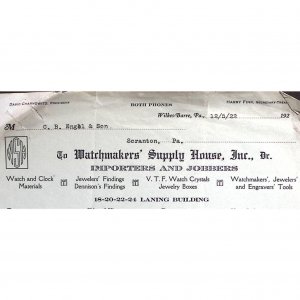 1922 WILKES-BARRE PENNSYLVANIA WATCHMAKER SUPPLY HOUSE INC BILLHEAD INVOICE Z128