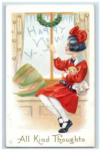 c.1910 Lovely Girl Doll Wreath New Year Embossed Vintage Postcard F50