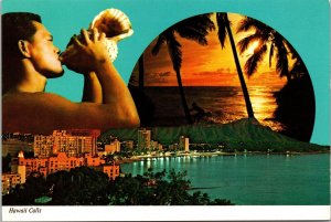 Hawaii Calls Conch Shell Blowing Sunset Beach Postcard Mike Roberts