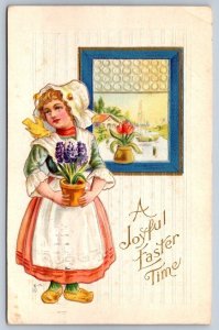 A Joyful Easter Time, Dutch Girl With Flowers & Bird, Antique 1915 Nash Postcard