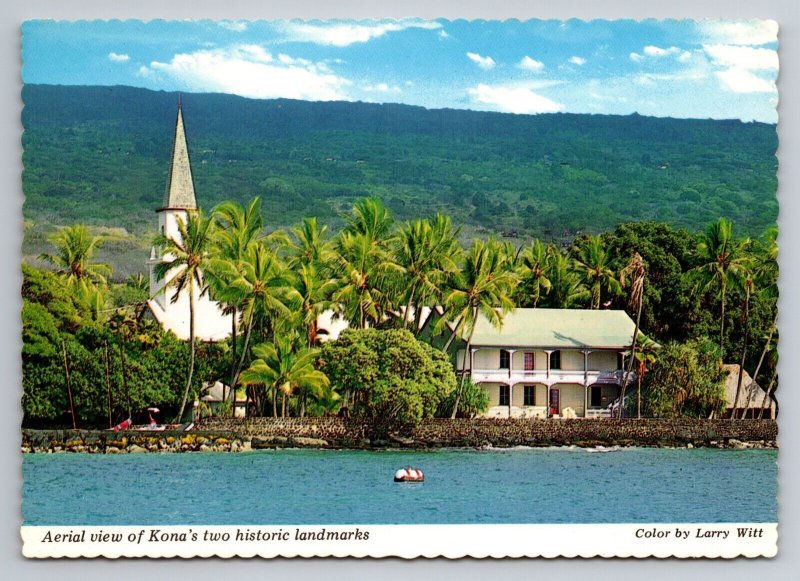 Aerial View of Kona's Two Historic Landmarks Hawaii Vintage Unposted Postcard