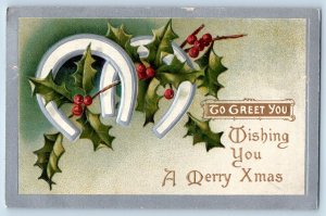 Christmas Postcard Horseshoe And Holly Berries Embossed Ord Nebraska NE 1910