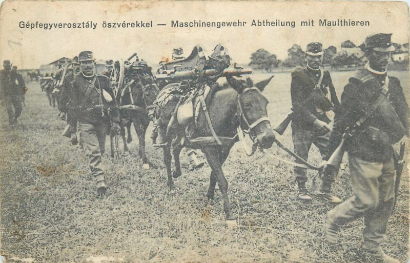 Postcard Military soldiers machine gun carried by donkeys