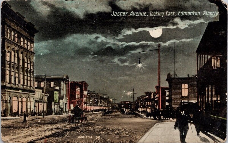 Edmonton Alberta Jasper Avenue looking East Full Moon c1909 Postcard H23 *as is