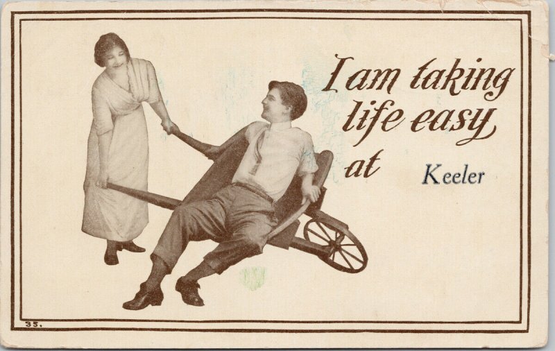 I Am Taking Life Easy at 'Keeler' Woman Man Wheelbarrow Postcard G7