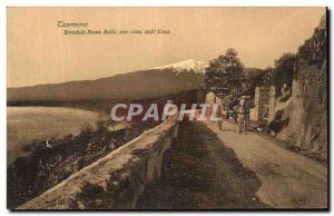 Old Postcard Taormina Stradale Rocca Bella con vista dell Etna Volcano Caleche