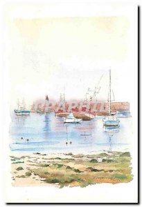 Modern Postcard Ile d'Oleron rising Maree in the port of Cotiniere Watercolor...