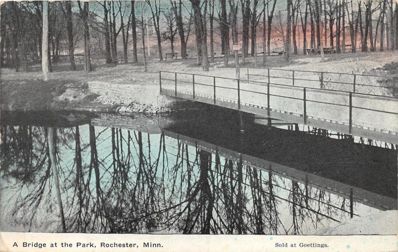 Rochester Minnesota~Park Scene~Bridge Over Waterway~Sign on Tree~1909 Postcard