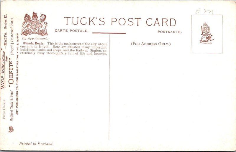 Malta Strada Reale Tuck 7091 Vintage Postcard K72