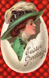 Vintage Postcard Easter Greetings Beautiful Lady Egg Holiday Wishes Souvenir 