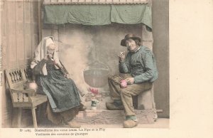 Quimper France Postcard Old Couple Pipe Smoking Brittany Folk Hand-Colored