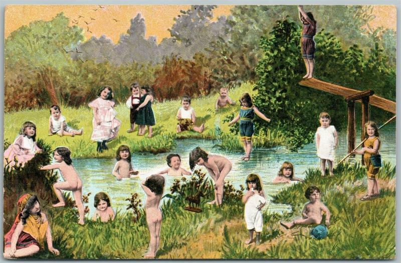 MULTIPLE BABIES BATHING ANTIQUE POSTCARD