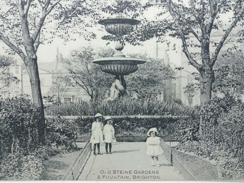 3 Little Girls by the Fountain Old Steine Gardens Brighton Antique Postcard 1908