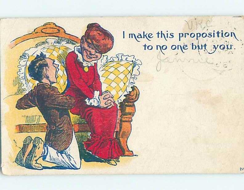 Pre-Linen comic MAN ON HIS KNEES PROPOSING TO WOMAN ON COUCH HL2257