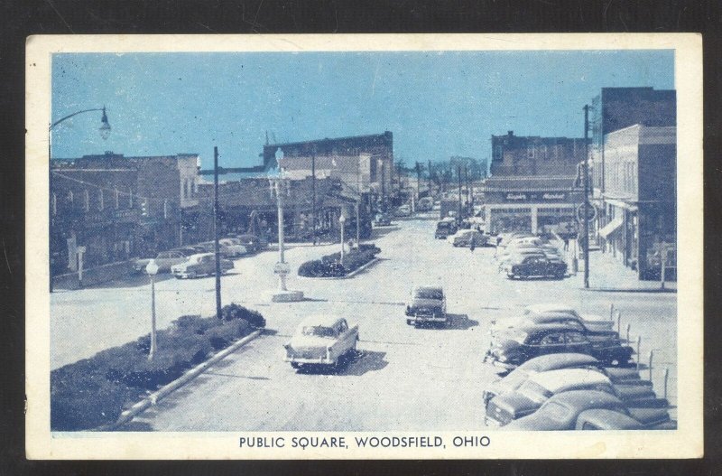 WOODSFIELD OHIO DOWNTOWN PUBLIC SQUARE STREET OLD CARS VINTAGE POSTCARD