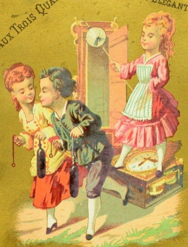 1870's-80's Kids Broken Grand Father Clock Paris Victorian Trade Card F91