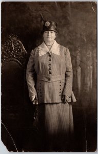 Woman Standing Beside A Chair Long Sleeve and Skirt Terno With Hat Postcard