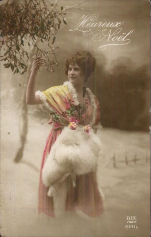 French Christmas Heureux Noel Beautiful Woman w/ Fur Real Photo Postcard #2