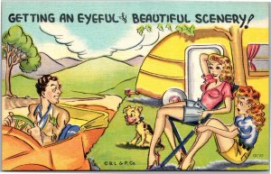 Postcard Comic man driver women camping Getting an Eyeful of Beautiful Scenery