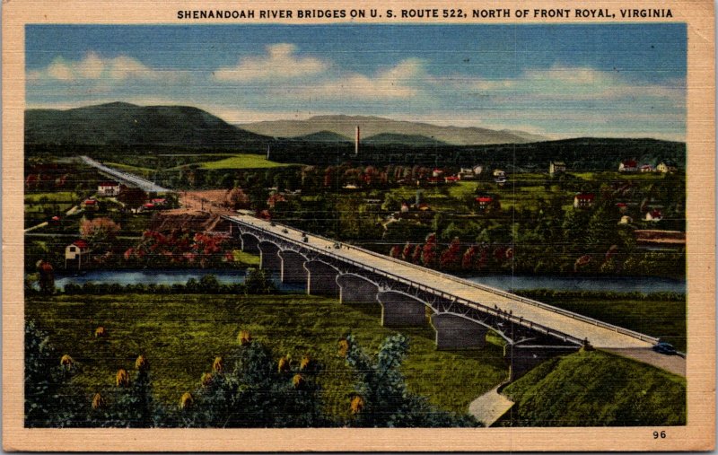 Shenandoah River Bridges Front Royal VA Rte 522 Bird View vtg Postcard