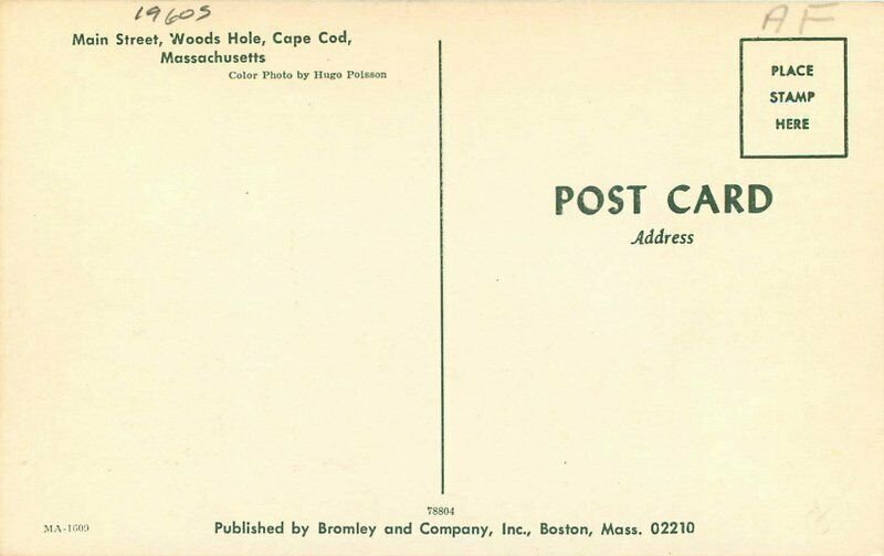 Cape Cod Massachusetts Main Street Woods Hole 1960s Bromley Postcard 21-9339